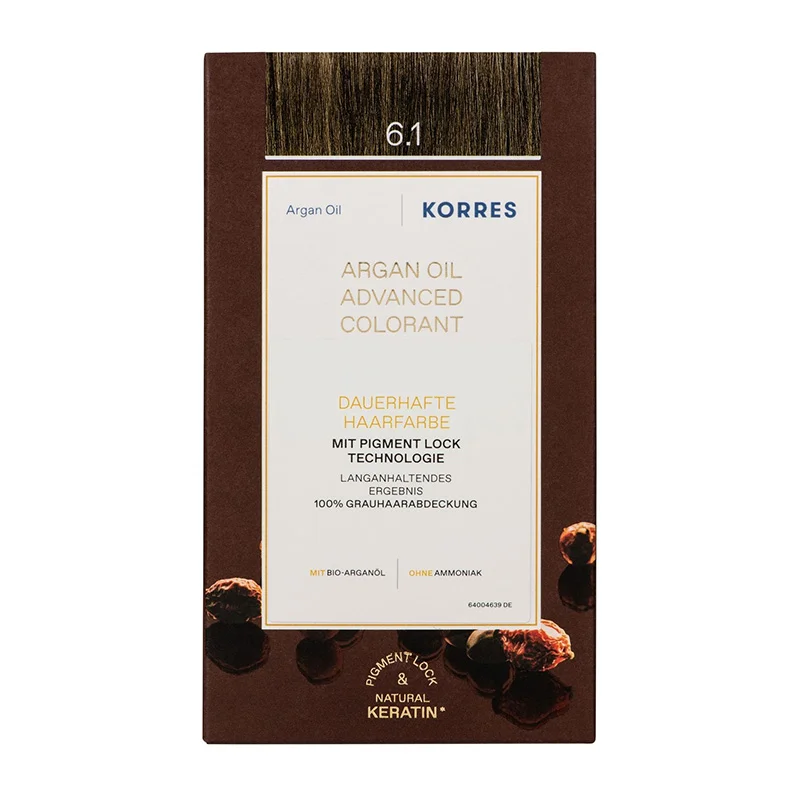 KORRES Argan Oil Colorant – ammoniakfreie Haarfarbe Dunkelblond Asch 6.1 – 100% Grauhaarabdeckung & vegan für ein langanhaltendes Farbergebnis